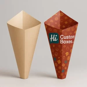 Kraft and printed paper cone sleeves for food with Hi Custom Boxes logo and icons
