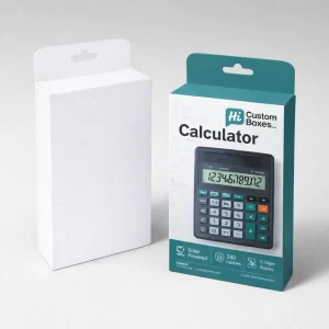 Cardboard retail hanging boxes, including a plain white version and a teal solar-powered calculator design.