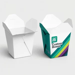 Traditional open Chinese food containers- one plain white and one with green and purple stripes