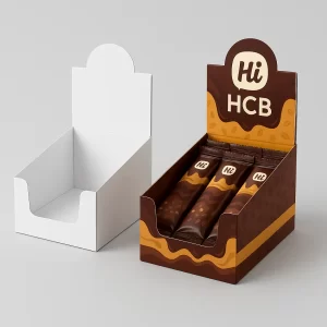 Branded countertop display box with a rounded top- holding brown chocolate bars
