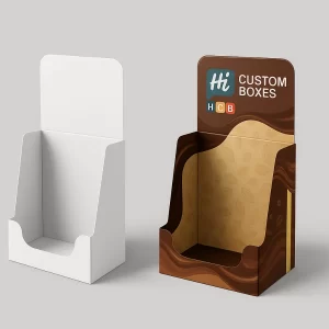 White and branded retail display boxes with a curved cutaway for chocolate bars