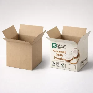 Eco-friendly corrugated carton boxes with custom printing for bulk coconut milk powder storage and transport.
