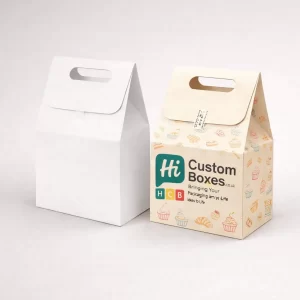 Professional cardboard gable boxes with integrated handles, shown in plain white and a custom-printed cream version.