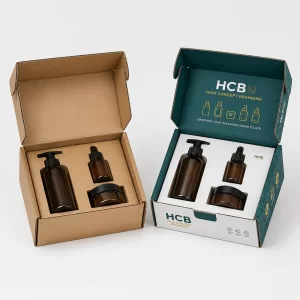 Branded teal and plain kraft mailer boxes with custom foam inserts holding amber cosmetic bottles.