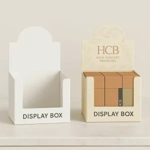 Two retail display boxes side by side one plain white and empty the other custom printed in cream with HCB
