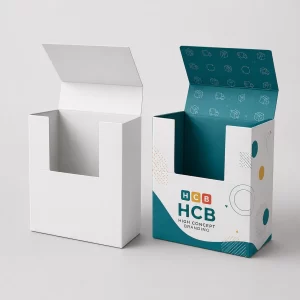 Professional cardboard counter display boxes with a cut-out front for easy visibility of curated retail products.