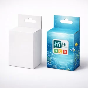 Two small rectangular boxes with hanging tabs, featuring a white prototype and a finished blue underwater design.