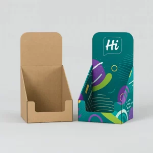 Corrugated display box for products- featuring die-cut holes- shown plain white and custom-printed