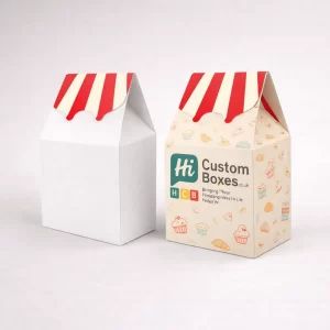 Pair of white gable boxes featuring a red and cream striped roof design and bespoke bakery illustrations.