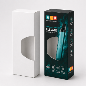 Custom-branded tall boxes with a die-cut window for disposable vape visibility.