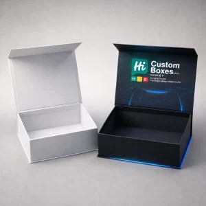 Two open magnetic-closure rigid boxes, one in plain white and one in branded black finish.