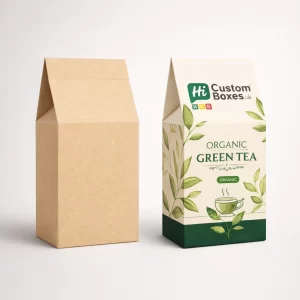 Gable-style paper bags for loose tea, featuring a plain kraft version and a printed organic design.