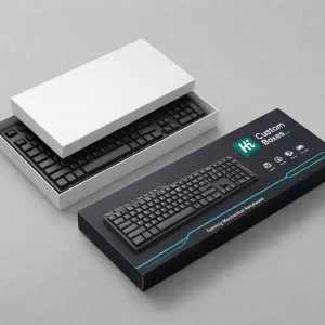 A black branded box showing a mechanical keyboard next to a white box with its lid off.