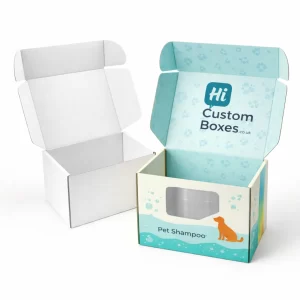 Open cardboard mailer boxes- one blank and one featuring a teal interior with dog-themed branding