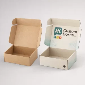 Two kraft mailer boxes in natural brown and off-white, with one featuring a custom printed logo.