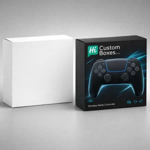 One blank white box beside a custom-printed black box showcasing a wireless controller with blue light