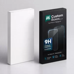 A plain white box next to a black custom-printed retail box for iPhone and Samsung protectors.