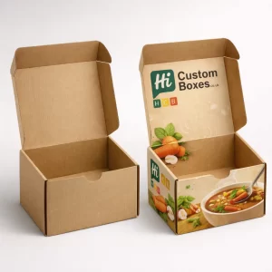 Two brown cardboard mailing boxes with hinged lids, one blank and one printed with soup imagery