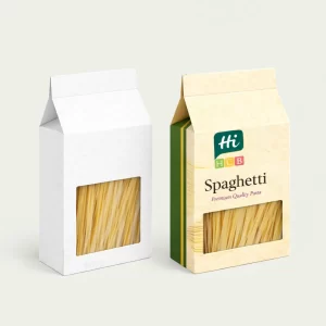 Two gabled-top cardboard boxes- one white and one branded- featuring rectangular windows to view the pasta