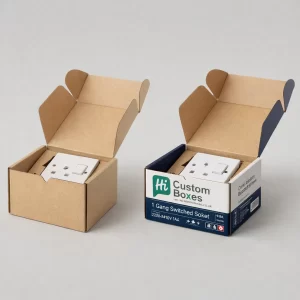 Two open brown corrugated cardboard boxes, with the branded version showing a 1 Gang Switched Socket.