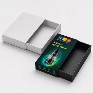 Two piece custom printed lid and base rigid boxes for vape tanks beside a plain prototype.