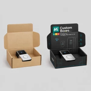 Two hanging retail boxes for a smart video doorbell, one plain white and one printed black.