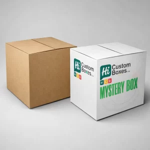 Two large cube-shaped cardboard boxes, one plain brown and one white
