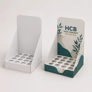 Custom cardboard counter display boxes featuring circular die-cut inserts for securing small retail products.
