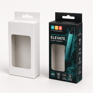 Custom disposable vape packaging boxes featuring a hanging tab and a clear viewing window.