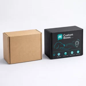 Two vertical cardboard boxes with open tuck-top lids, including a bespoke dog-themed design.