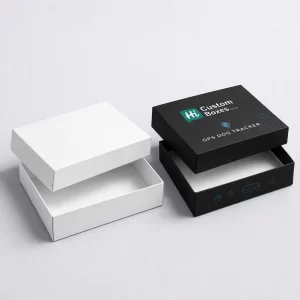 Two premium white rigid boxes with lids, one featuring custom blue and orange branding.