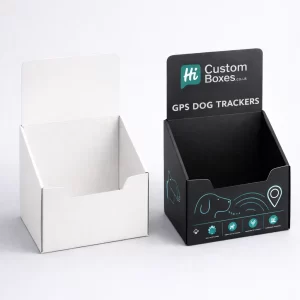 Two cardboard counter display units with high backboards, showcasing professional branding and logo.