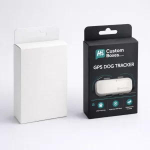 Two rectangular white retail boxes with hinged lids, displaying custom pet tracking technology graphics.