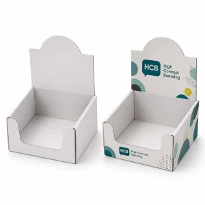 Professional white and branded teal cardboard counter display boxes for organised retail shelf presentation and visibility.