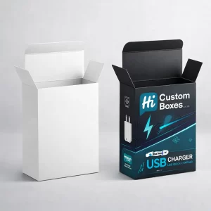 Two tall cardboard tuck-end boxes, one plain white and one black branded for USB chargers.