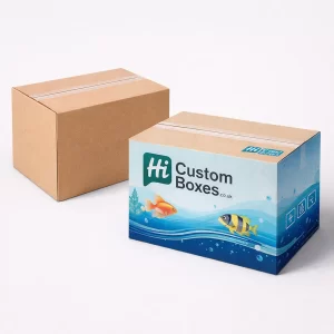 Two brown corrugated shipping cartons, with one displaying industrial symbols and custom brand printing.