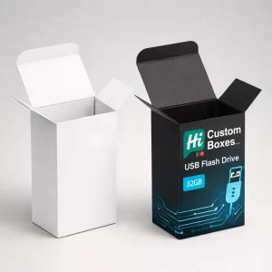 Open vertical cardboard cartons, showing a plain white version and a branded black 32GB design.