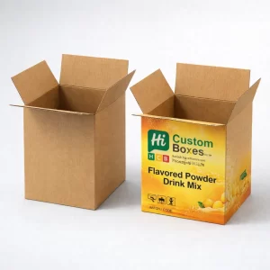 Durable corrugated shipping cartons with custom mango drink mix printing for bulk powder transport and storage.