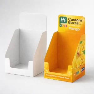 Cardboard counter display units with high-quality mango branding designed for retail point-of-sale powder packaging.