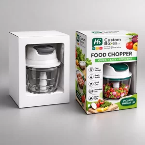Custom food chopper packaging with a transparent window displaying the product and colourful vegetable graphics.