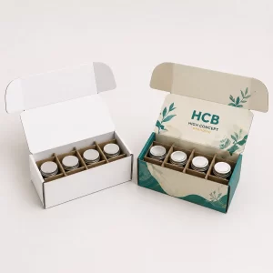 Professional mailer boxes with custom cardboard dividers holding small metal jars for organized product presentation.