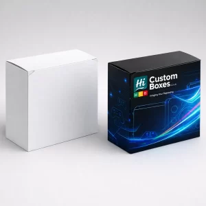Two thick rectangular boxes, including a plain white version and a branded dark blue box.