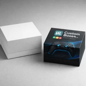 A minimalist white box and a premium black box with custom branding and controller imagery.