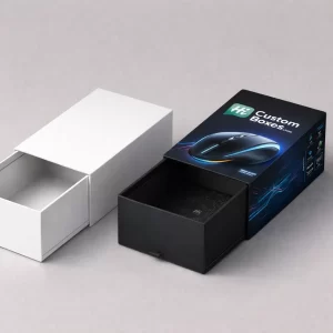 Two sleek drawer-style slide boxes, one plain white and one branded with a blue gaming mouse.