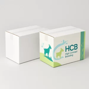 Bespoke Goat Milk Powder Boxes.webp Image ALT: Two gable-top milk cartons- one plain and one featuring a bespoke blue and green design