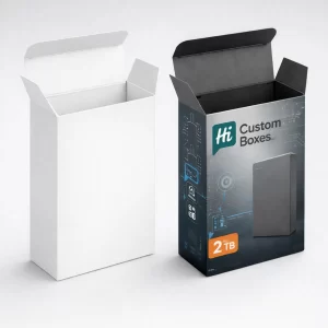 High-quality 3D render of a white blank and branded black lid-style rigid packaging box.