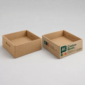 Realistic 3D rendering of open white and branded black cardboard tuck-top hard drive boxes.