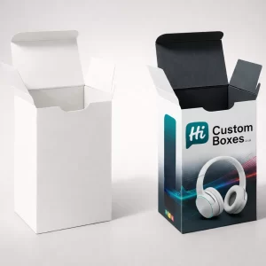 Two upright cardboard boxes with open top flaps- showing a plain white design and a printed version