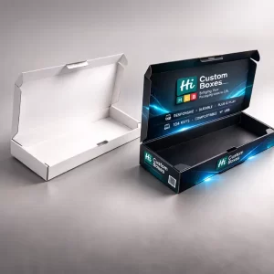 Two open slimline keyboard boxes, one white and one black with technical specifications printed on the lid.