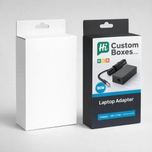 Two retail display boxes with hanging tabs; one blank white and one printed with 90W adapter details.